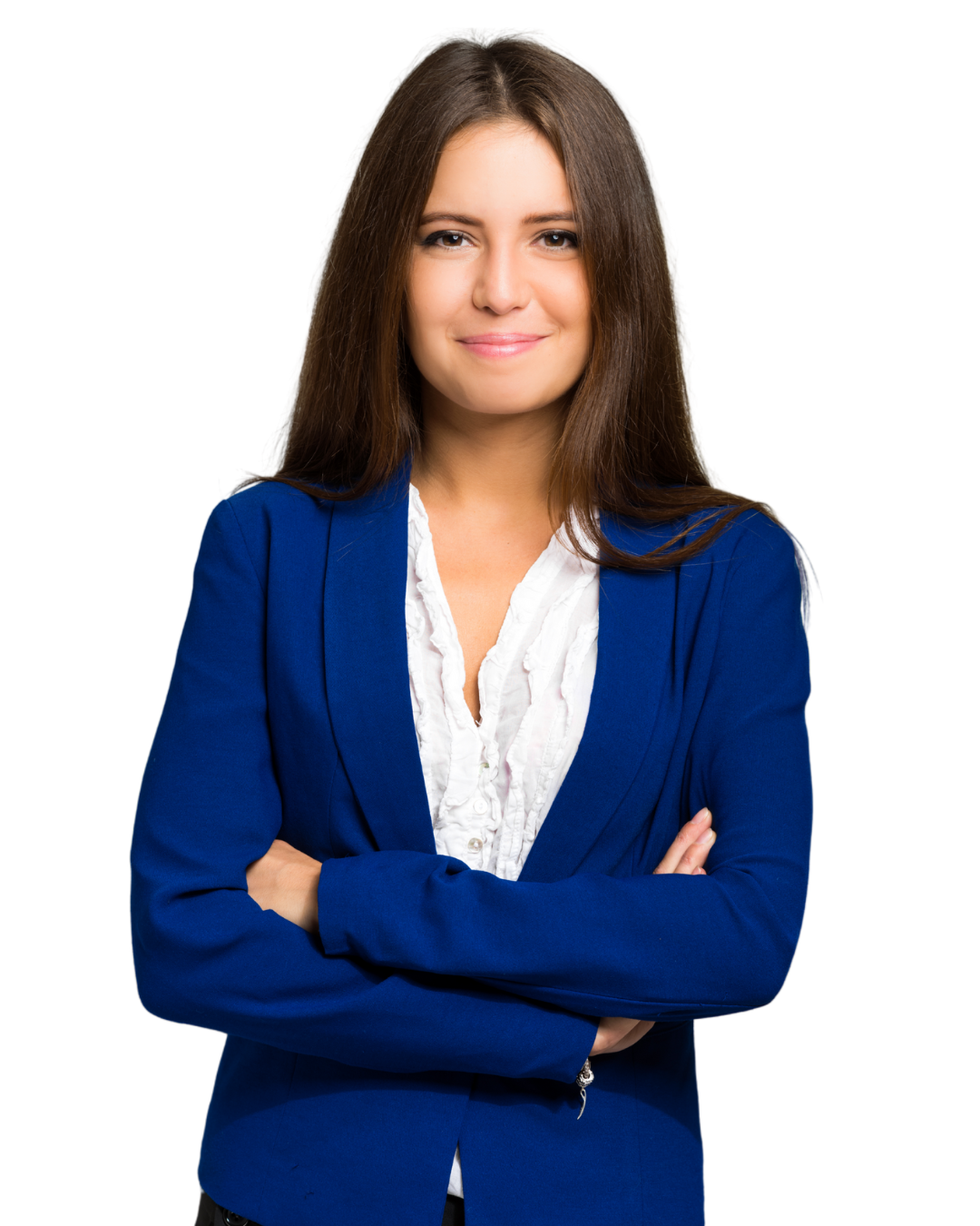 Meisje met een kleine glimlach, heeft een blauwe blazer met daaronder een witte blouse. Heeft haar armen over elkaar heen. 